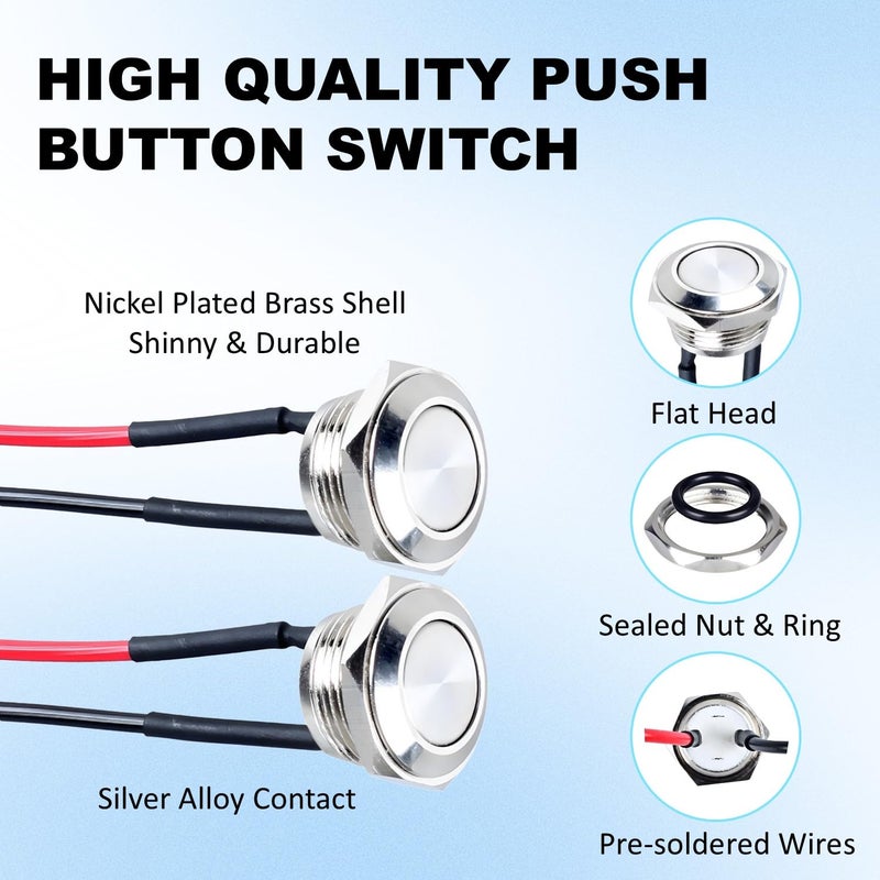 Punnzer (2-Pack) 16mm Short-Body Waterproof Momentary Switch - 5/8" Mount, Flat Head, IP66 IK09 (12-36V Applications) - Image 4